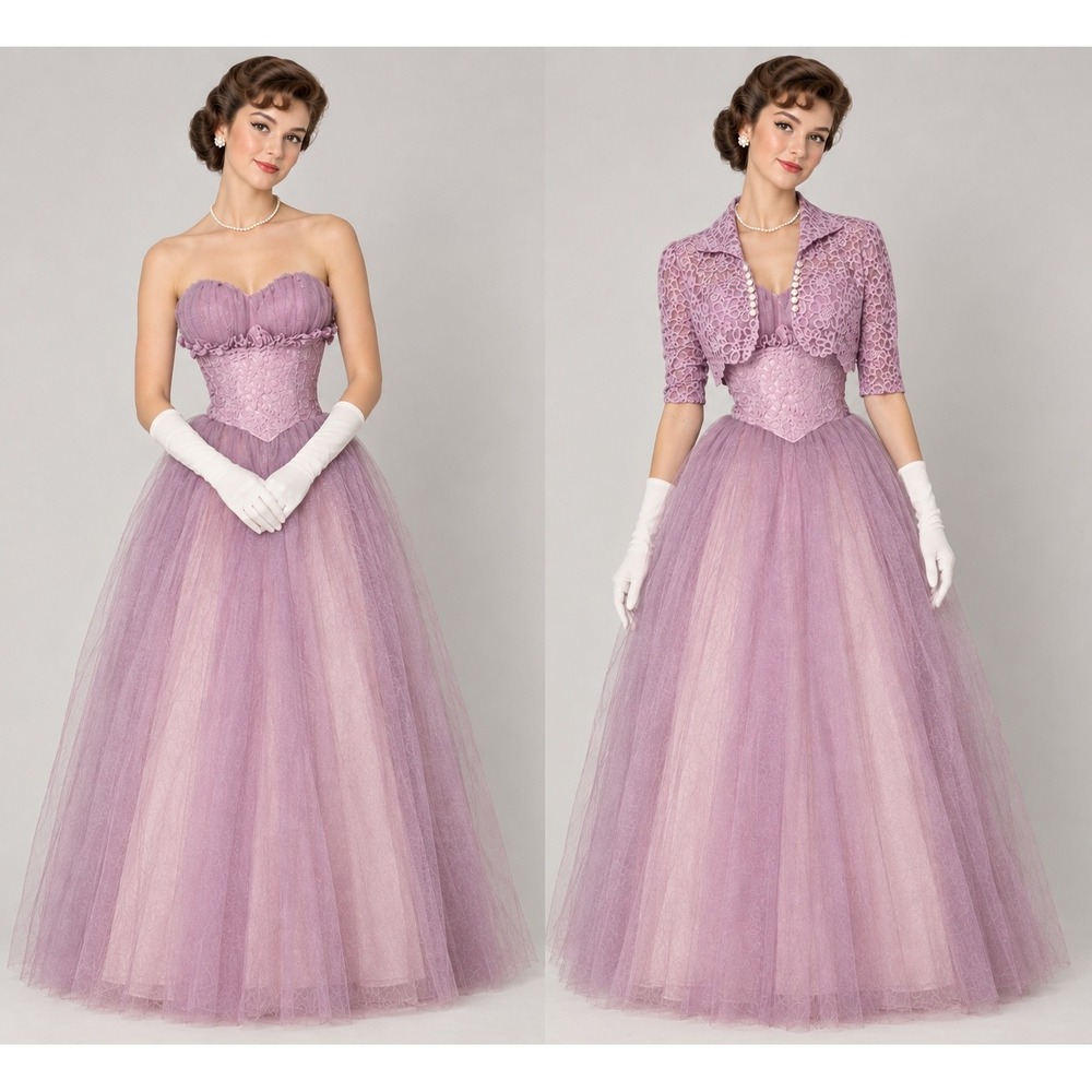 Vintage 1950s Lavender Purple Prom Dress Tulle Lace Jacket Cupcake Ball Gown XXS